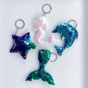 Set of 4 Sequined Sea Mermaid Dolphin Keychains